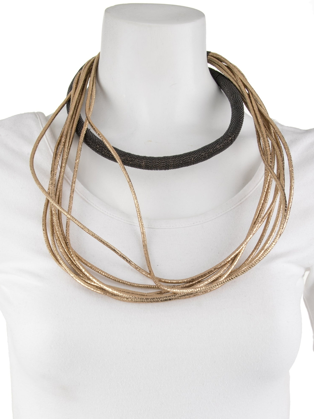 Brunello Cucinelli Leather & Bead Long Necklace Collar